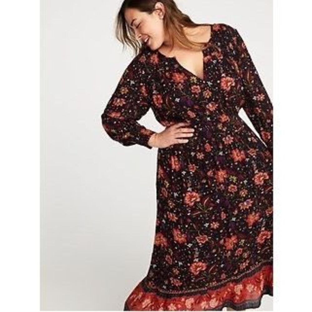 Old Navy Black & Red Floral Waist-Defined Midi Dress Size XL Romantic, Prairie